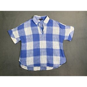 Boho Chic Women's XL Blue White Gingham Linen Blend Beachy Coastal Granny Top